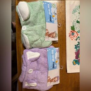 Kids Hair Wrap Towel - Plush Green and Purple Hooded Wraps